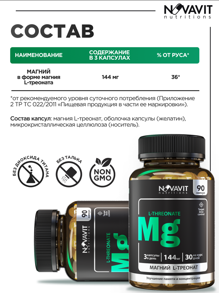 NOVAVIT nutritions, Магний (L-треонат), капсулы, 90 шт.