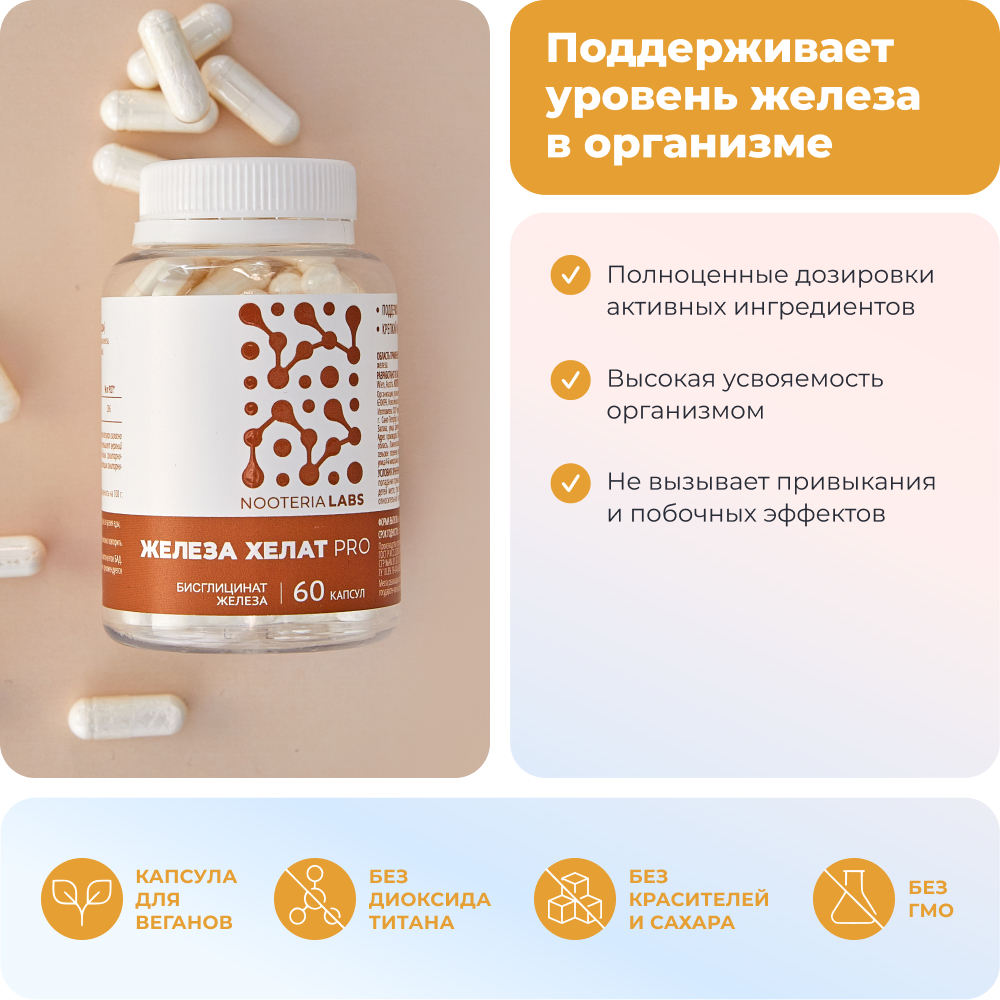 Nooteria Labs, Железа Хелат PRO (бисглицинат железа), капсулы, 60 шт.