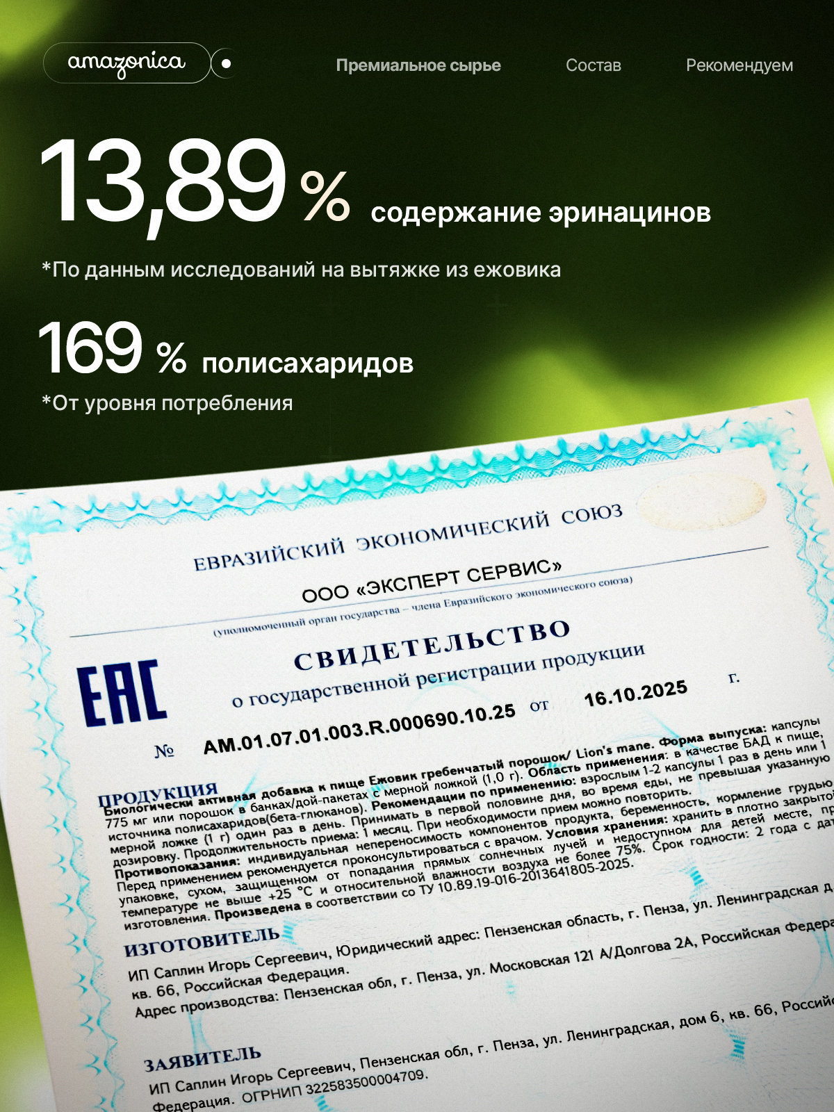 Amazonica, Lion’s Mane, Ежовик гребенчатый, порошок, 100 г