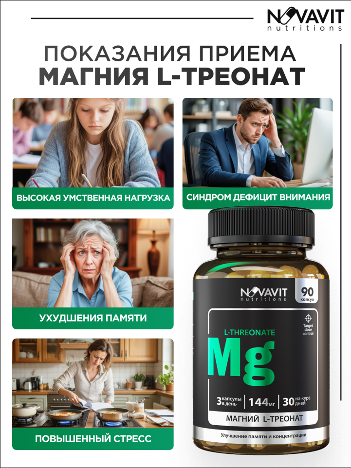 NOVAVIT nutritions, Магний (L-треонат), капсулы, 90 шт.