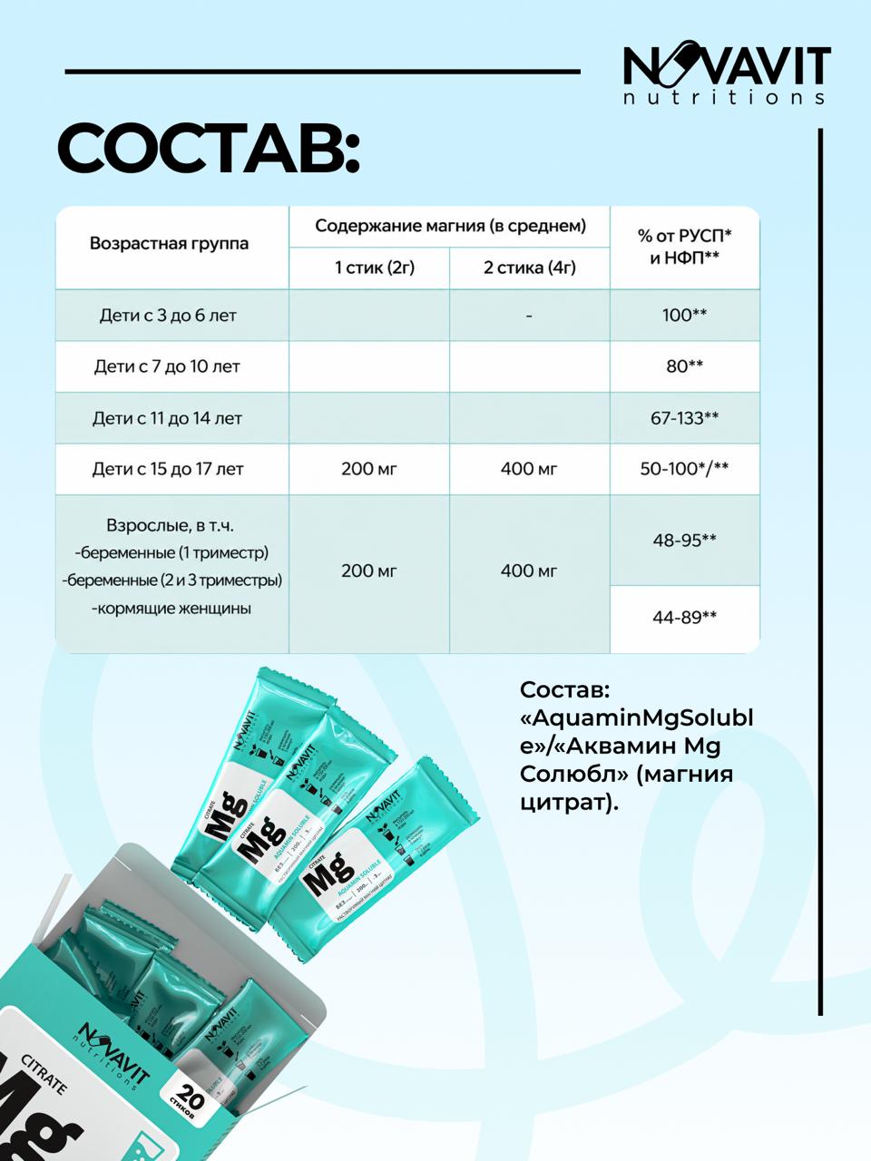 NOVAVIT nutritions, Магний (цитрат), стики, 20 шт.