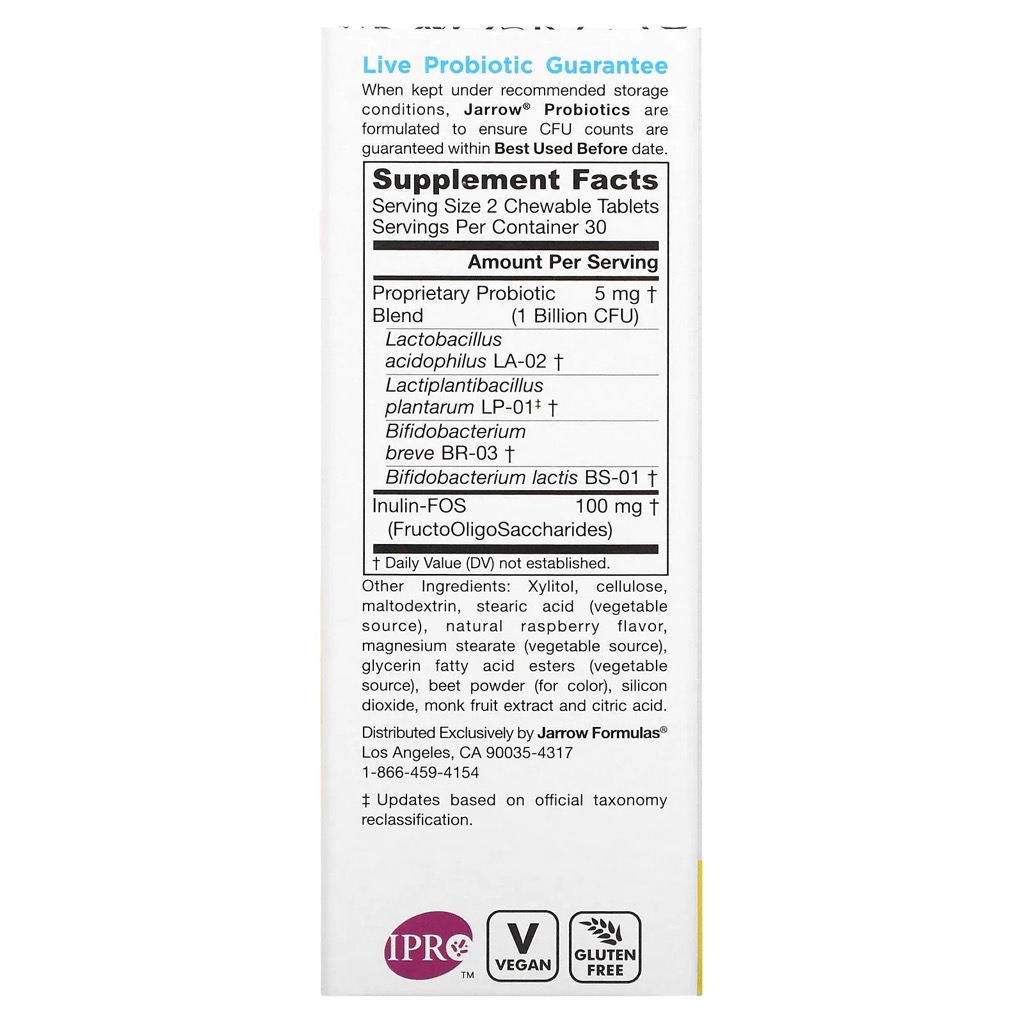 Jarrow Formulas, Комплекс «Пробиотик + пребиотик» для детей со вкусом малины, жевательные таблетки, 60 шт.