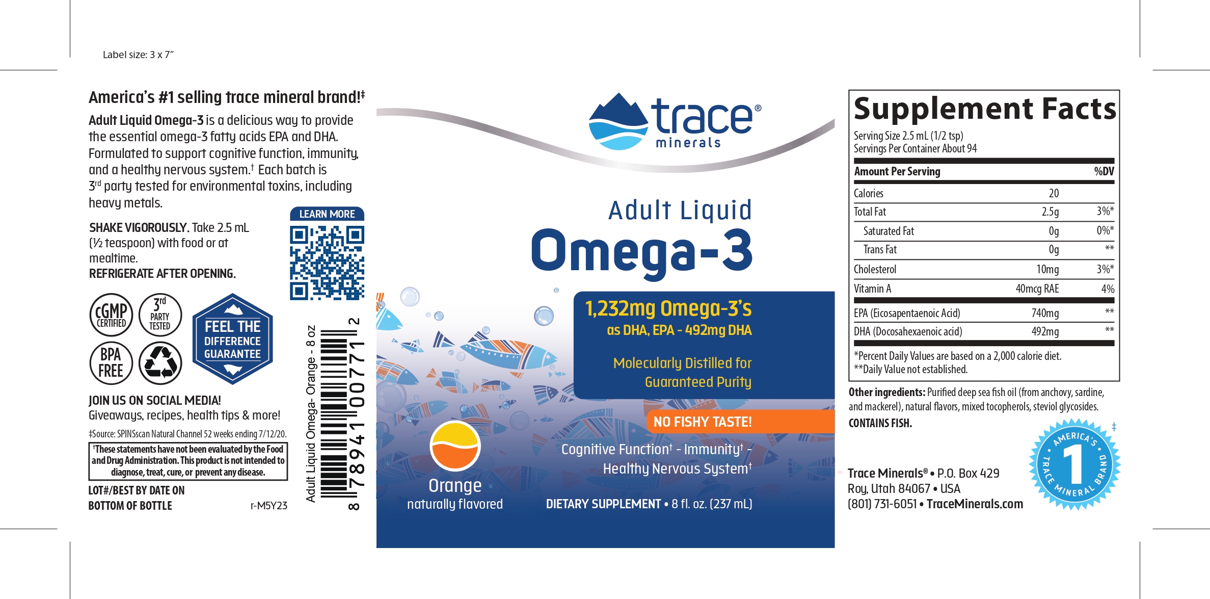 Trace Minerals, Жидкая омега-3 для взрослых, со вкусом апельсина, жидкость, 237 мл