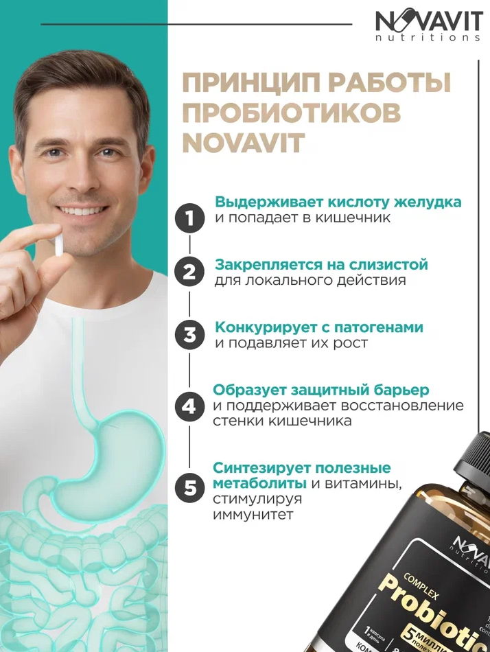 NOVAVIT nutritions, Пробиотики, для кишечника и пищеварения, капсулы, 60 шт.