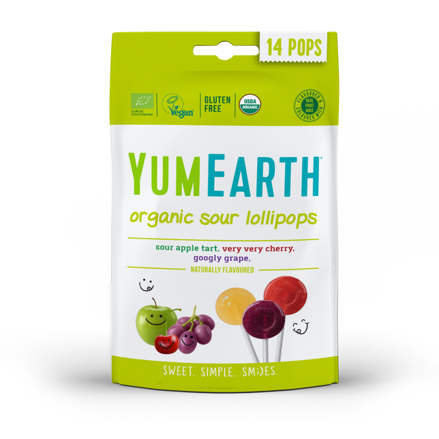 YumEarth, Органическая карамель на палочке со вкусами вишня, зеленое яблоко, виноград, 85 г