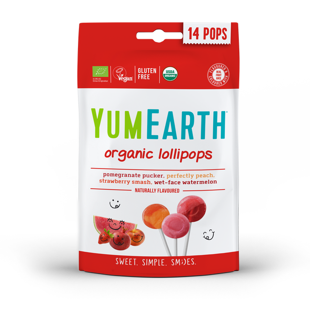YumEarth, Органическая карамель на палочке со вкусами клубника, арбуз, персик, гранат, 85 г