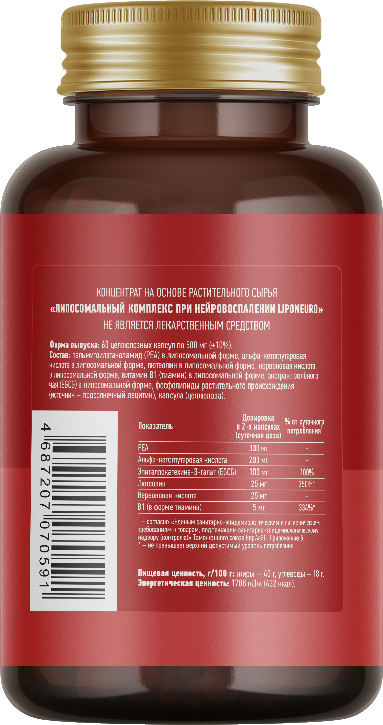 Lipomins, Липосомальный комплекс «LipoNeuro» (при нейровоспалении), растительные капсулы, 60 шт.