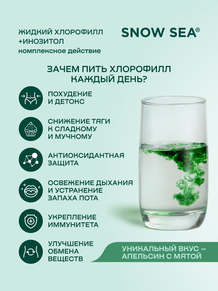 SNOW SEA®, Хлорофилл жидкий с инозитолом, со вкусом апельсина и мяты (для контроля стресса), жидкость, 450 мл